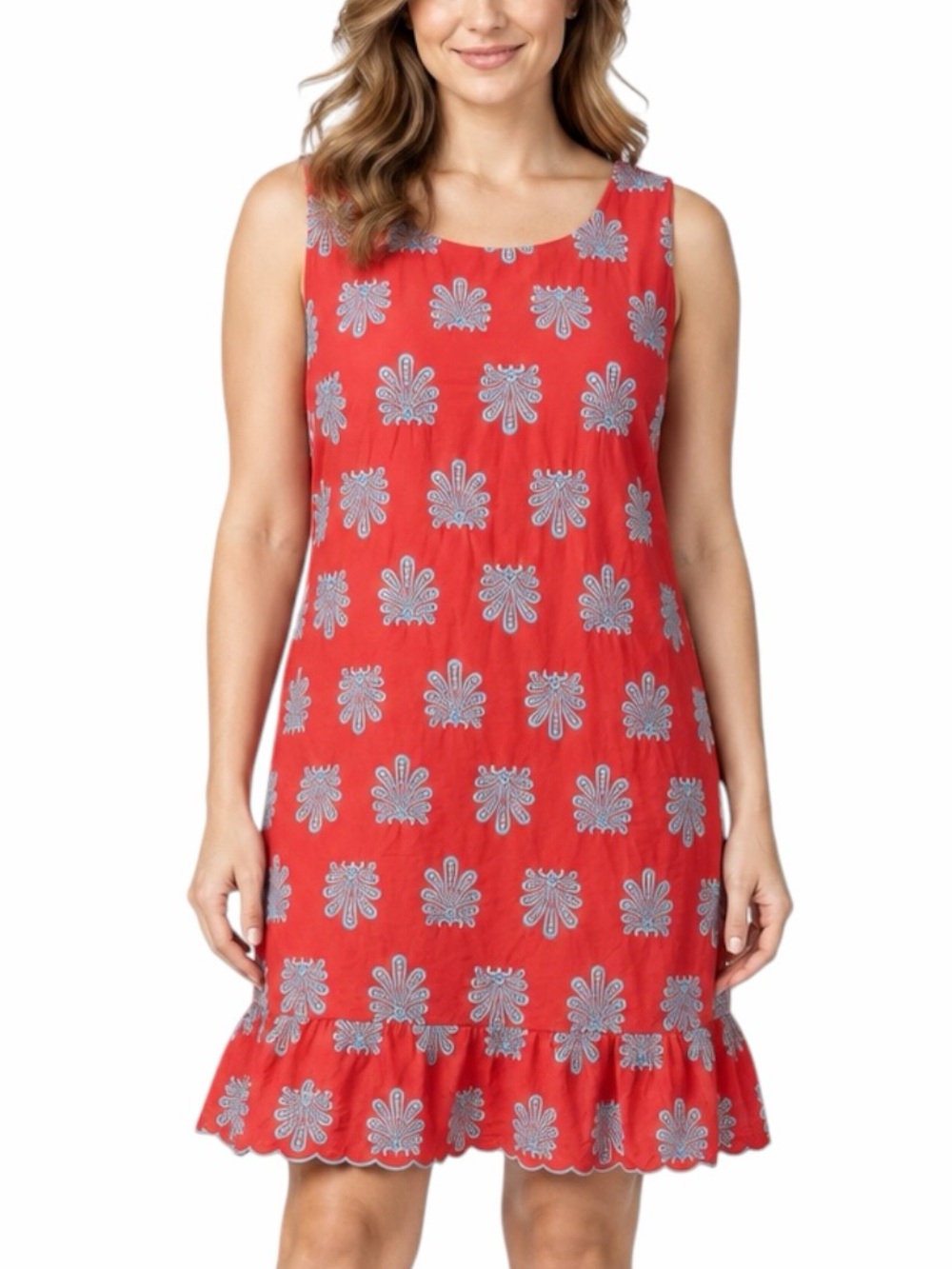 Talbots Shift Dress Size 14 Embroidered Cotton Scallop Hem Coral Red Aqua Blue